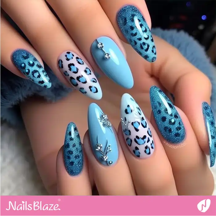 Blue Theme Leopard Print Embellished Nails | Animal Print Nails - NB2620